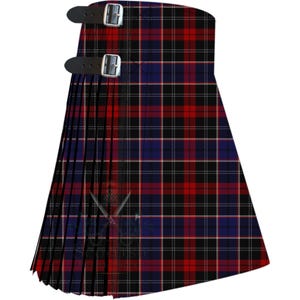 May include: A pleated kilt featuring a traditional tartan pattern in shades of red, navy blue, black, and thin white lines. The garment includes two black leather straps with silver-toned metal buckles positioned on the upper side for closure.