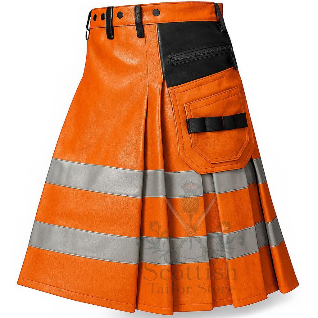 High Visibility Orange Black Leather Kilt - Reflective Utility
