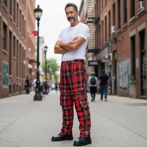 May include: A person wearing a white t-shirt and red plaid cargo pants with black boots. The pants have multiple pockets, zippers, and metal accents. The red plaid pattern includes black and white lines.