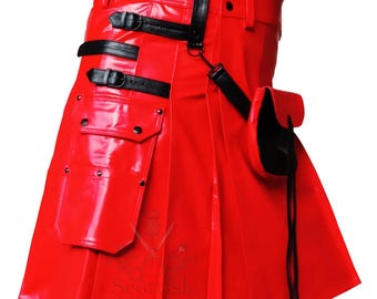 Rood-zwarte leren utility-kilt voor heren: gotische hybride Schotse kilt met sporran