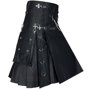 Black Gothic Utility Kilt for Men – Punk Rock Steampunk Style with Chains
