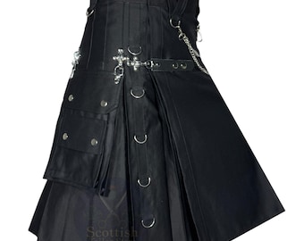 Black Gothic Utility Kilt for Men – Punk Rock Steampunk Style with Chains
