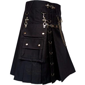 Handmade Black Utility Kilt – Gothic Punk Men’s Kilt with Chains, Snap Buttons, Cargo Pockets & D-Rings for Festivals & Streetwear