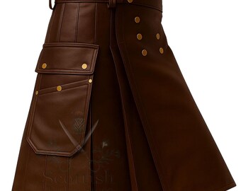 Kilt utilitário masculino em couro marrom escuro - Kilt de couro bovino com bolsos cargo