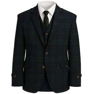 May include: A three-piece suit in a dark green and navy blue plaid pattern. The suit includes a jacket, waistcoat, and a white collared shirt with a black tie. The jacket has brown buttons and pocket flaps.