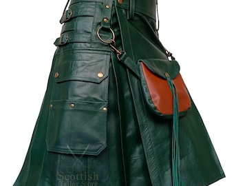 Scottish Hunter Green Leather Utility Kilt For Men – Steampunk Kilts With Sporran