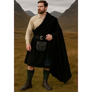 May include: A man in traditional Scottish attire, including a black kilt, matching shawl, and a leather belt with a pouch. He wears a tan shirt, green socks, and brown boots. The background features a landscape with mountains and a cloudy sky.