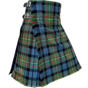 May include: A tartan kilt in shades of green, blue, black, and red. It has leather straps with silver buckles and fringed detailing. The kilt is designed to be worn around the waist, a traditional Scottish garment.