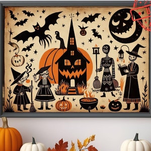 Antique Style Primitive Folk Art Print, Spooky Wall Art, Witchy Stuff Wall Decor, Folk Art Halloween Wall Decor, Primitive Farmhouse Decor