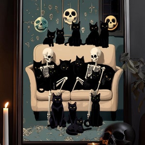 Black Cat Print Skeleton Halloween wall art | Funny Cat Print | Macabre art print, strange wall art, Nightmare   print, Halloween decoration