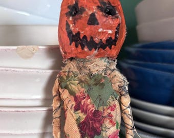 OOAK Art Doll, Handmade Halloween Sculpture, Pumpkin Mask Doll, Grunge Folk Art Figure,  Collectible Vintage Style Halloween, Creepy Doll