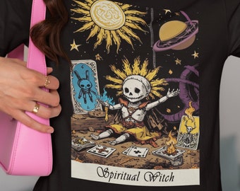 Spiritual Witch Tarot Card Unisex T-shirt Fun Sun Witchcraft Tee Witchcore Trendy Magic Green Witch Earth Celestial Summer Tshirt Skeleton