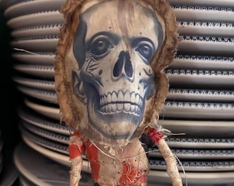 OOAK Witchy Poppet With Skull Mask, Outsider Folk Art Sculpture,  OOAK Creepy Collectible for your Curio Cabinet, Weird stuff, guardian doll