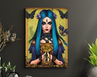 Tarot Fortune Teller Print Digital Instant Download DIY Art Wall Decor Metaphysical Surreal Colorful Witch Blue Hair