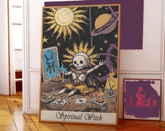 Spiritual Witch Poster Designed as a Tarot Card with a Skeleton Sitting under Sun and Saturn with a tarot reading in front of her, Boho Wall