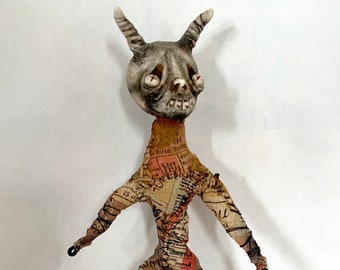 OOAK White Devil Doll Clay Sculpture Primitive Grungy Figure oCreepy Odd Unique Macabre Dark Repurposed Handmade