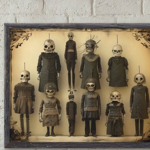 May include: A framed print featuring a collection of vintage skeleton dolls. The dolls are dressed in dark clothing and have skull-shaped heads. The artwork is displayed against a cream-colored background with a decorative border.