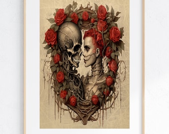 Impresión de arte mural gótico, descarga digital, regalo imprimible para San Valentín de Dark Academia, recuerdo de Dark Cottagecore para amantes de la decoración floral del hogar.