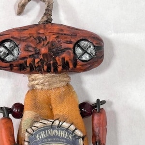 Primitive Halloween Doll JOL Pumpkin Articulated Clay Folk Art Figure Whimsical Cute Gothic Fall Home Decor, Halloween fan gift Witchy Owl