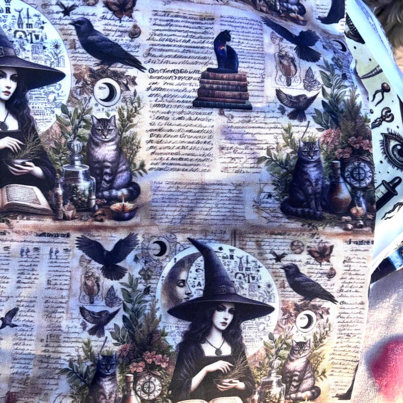 May include: Fabric with a repeating pattern featuring a witch in a black hat, cats, ravens, and botanical elements. The design includes moons, potion bottles, and text resembling old script. The color palette is primarily shades of purple, black, and white.