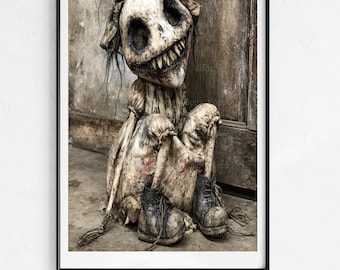 Arte mural de terror gótico Muñeca espeluznante Ilustración de decoración extraña para el hogar Descarga digital Foto de muñeca embrujada