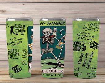 Creepy Skeleton Golf Tumbler 20oz for Dads fun day out at the Beach, camping or just hanging out by the Pool designed as a tarot Card Layout