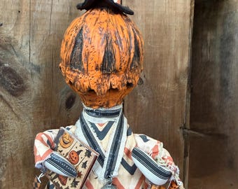 OOAK Halloween Art Doll: Pumpkin Sculpture, Hand Sculpted Fun Folk Art JOL Pumpkin, Whimsigoth Home Decor