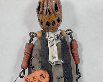 OOAK Art Doll Halloween Pumpkin Articulated Clay Folk Art Figure Whimsigoth home Gothic JOL Fall Home Decor, Halloween fan gift Primitive