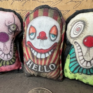 Creepy Cute Clown Doll Pin Back, Tiny Original Art Collectibles, Mini Wearable Circus Dolls, Spooky Gift for horror Fan, Creepy Doll Clown