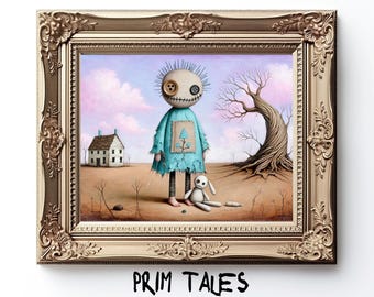Lámina artística de muñeca de trapo gótica, conejito caprichoso, personaje primitivo, decoración de pared peculiar (descarga digital)