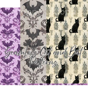 Black Cats and Bats Damask Seamless Pattern Digital Repeat, Scrapbook Wallpaper, Repeating Junk Journal Background, Halloween Printable