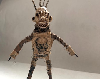 OOAK  Art Doll, Primitive Clay Sculpture, Curiosity Cabinet  Collectible, Gift for him, Weird Gift, Dark Art Doll Skull Shirt, Creepy Dolls