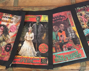 Vintage Style Carnival Fabric Panels Lizzie Borden Conjoined Twin Frankenstein Panel Pig Lady Sideshow Art Halloween Quilting Circus Decor