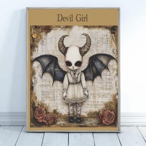 May include: Framed artwork featuring a stylized illustration of a doll-like figure with bat wings and horns. The figure wears a white dress and patterned stockings. The artwork is set against a vintage-style background with the text "Devil Girl" at the top.