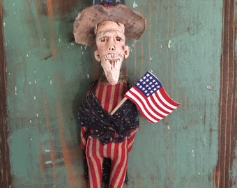 OOAK Art Doll Farmhouse Antique Style  Handmade Americana Folk Art Doll Uncle Sam Red Blue Independence Day Primitive Patriotic USA July 4th