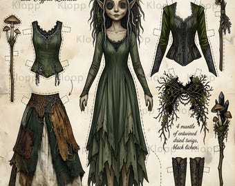 Gothic Paper Doll Printable Activity Whimsigoth Elven Princess Print or Creepy Paper Craft, Fun Adult Activity Party Decor, Teacher activity