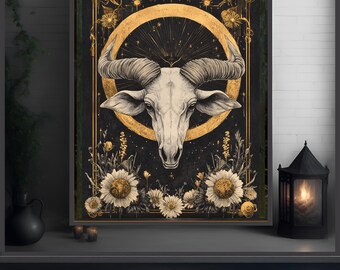 Póster de Dark Celestial Ram, arte mural imprimible del zodíaco, decoración del hogar de Dark Academia, descarga digital, accesorios de brujería para el hogar, arte de April Daisy