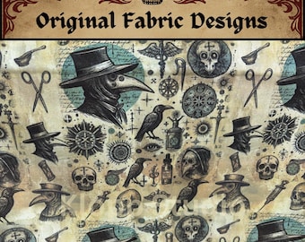 Plague Doctor Fabric Original Design, Creepy Cotton Toss Quilting Cotton for Whimsigoth Decor,