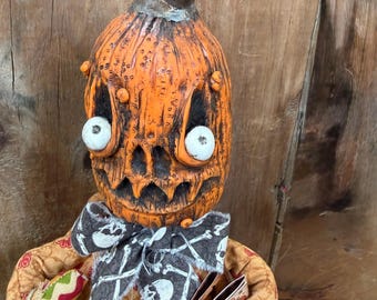 OOAK Halloween Art Doll: Hand Sculpted Fun Folk Art JOL Pumpkin, Whimsigoth Home Decor