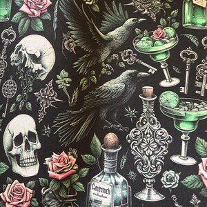 May include: Black background with a repeating pattern of skulls, roses, keys, ravens, and cocktail glasses. The roses are pink and the cocktail glasses are green. The bottles have labels with text. The ravens are in flight and perched.
