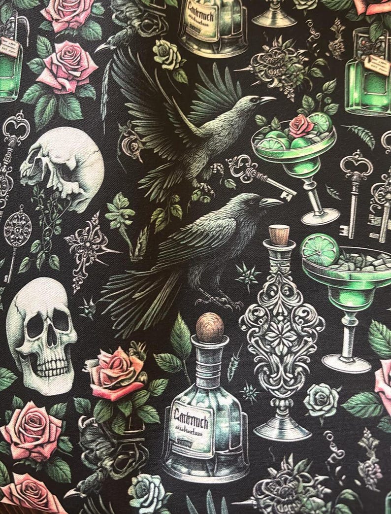 May include: Black background with a repeating pattern of skulls, roses, keys, ravens, and cocktail glasses. The roses are pink and the cocktail glasses are green. The bottles have labels with text. The ravens are in flight and perched.