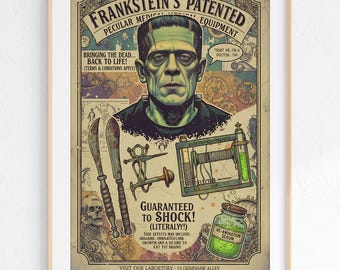Impresión publicitaria vintage de Frankenstein / Arte retro espeluznante de cuevas humanas (descarga digital) Fanático de películas de terror clásicas, arte mural gótico