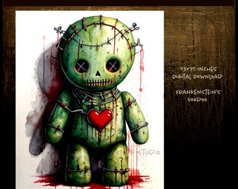 Macabre Frankenstein Voodoo Digital Print at Home for Your Wall or Dresser Creepy Cute Zombie with Heart Bleeding