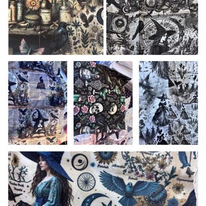 May include: A collage of images featuring a witchy theme. The images include ravens, potion bottles, witches, skulls, and floral elements. The color palette is a mix of black, white, and shades of blue and green.