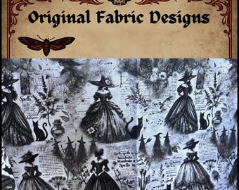 Witch Coven Cotton Fabric: Original Halloween Gothic Design, Vintage Victorian