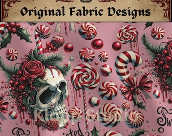 Fun Gothic Christmas Fabric, Skull and Candy Toss, Weird DIY Quilting Cotton, Curiosities and Oddities, Quilter Gift, Weird Stuff