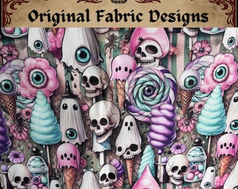 Creepy Candy Toss Cotton Fabric: Original Halloween Gothic Design, Weird Gifts for Weird People