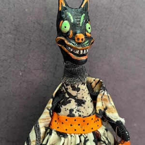 Handmade Black Cat Girl Doll | Folk Art Black cat | Halloween Decor | Cute and Creepy Halloween Party Decor