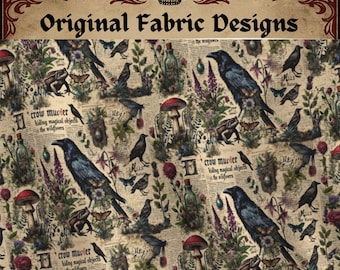 Witchy Crow Cotton Fabric, Nature Pattern By The Yard