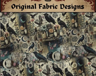 Magical Crow Cotton Fabric, Witchcraft Quilting Material